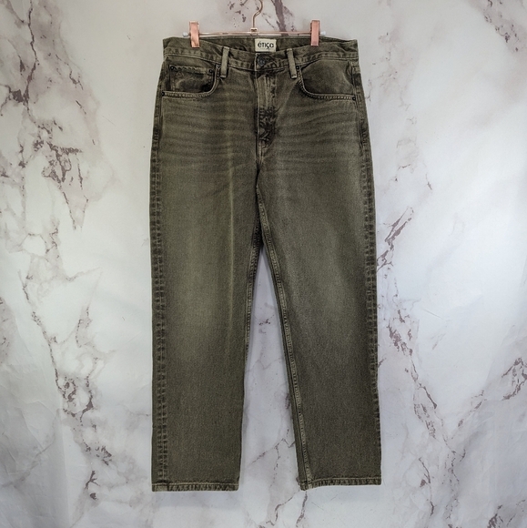 Etica Jeans Women 29 Green Rhea Mid Rise Straight Pant Denim Tapered Ankle Crop - Picture 1 of 11